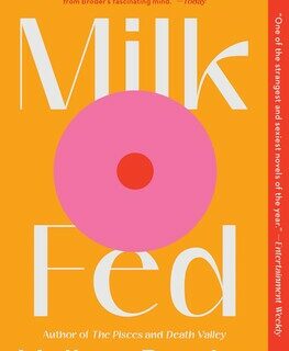 Bright orange background with what looks like a large pink boob in the middle of the book cover.